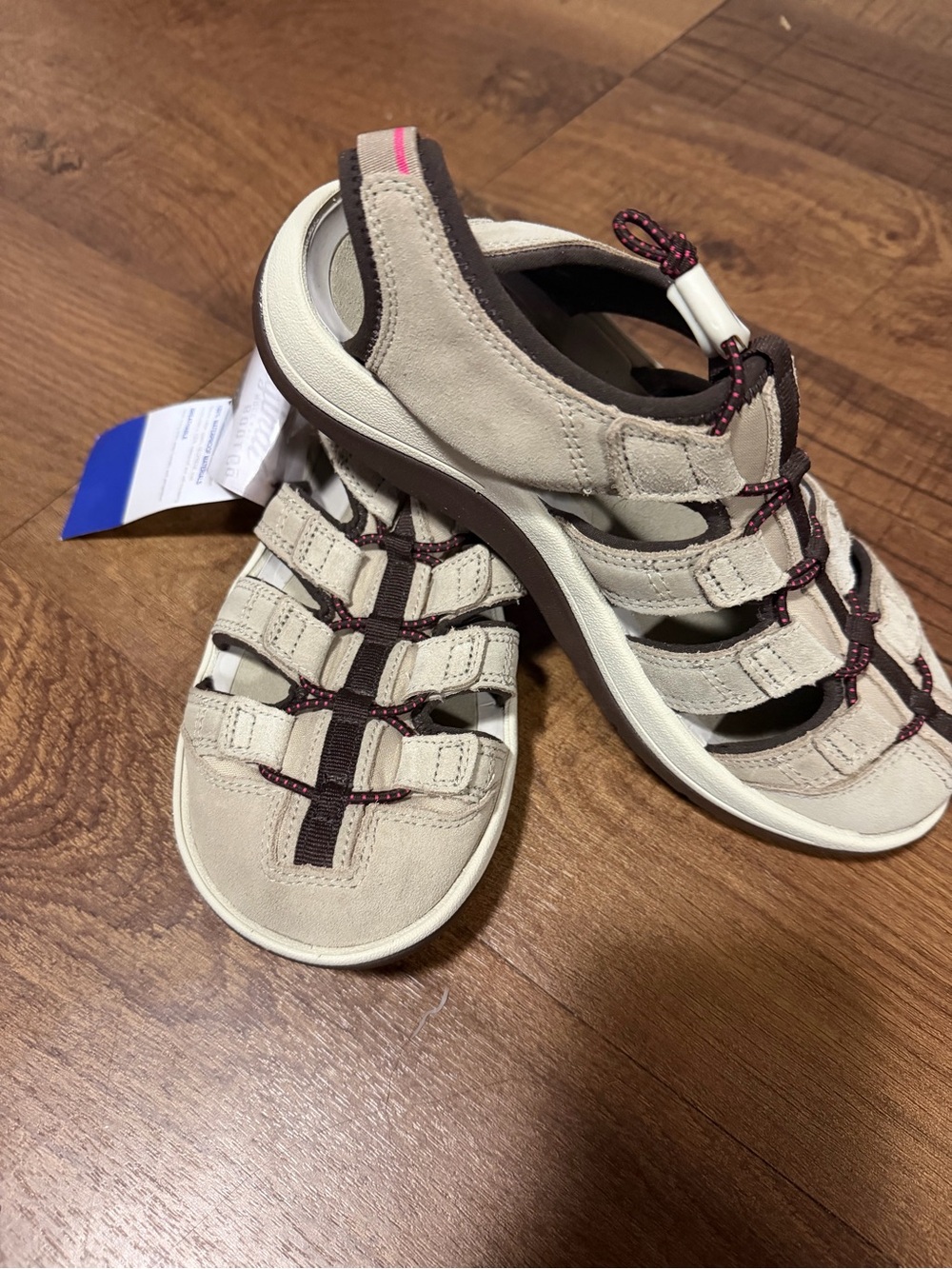 Muk Luks Beige and Brown Outdoor Sport Sandals with Pink Accent
